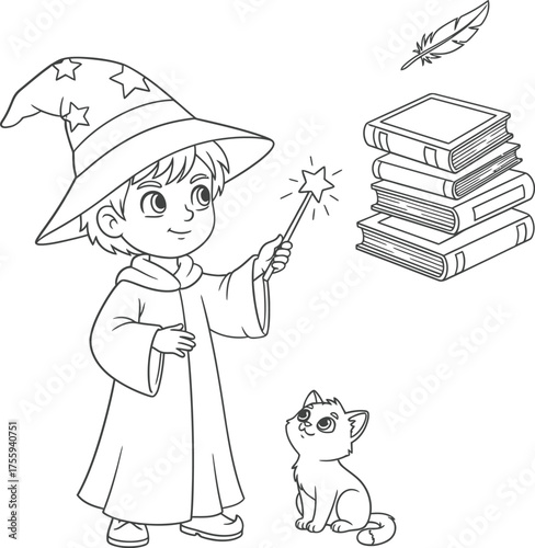 Cute Cartoon Wizard Boy Casting Spell with Magic Wand and Cat Outline Coloring Book Page Featuring Stack of Spell Books and Quill