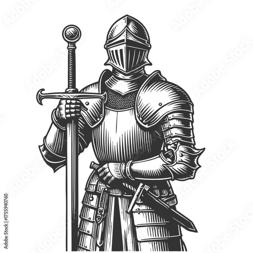 medieval knight in full plate armor with flowing plume, holding a large sword, symbolizing honor and strength sketch engraving generative ai vector illustration. Scratch board. Black and white image.