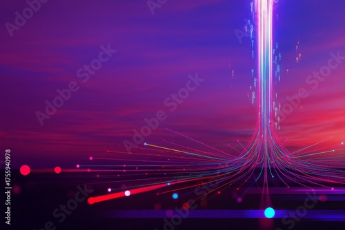 Abstract digital art with light beams and data streams against purple sky