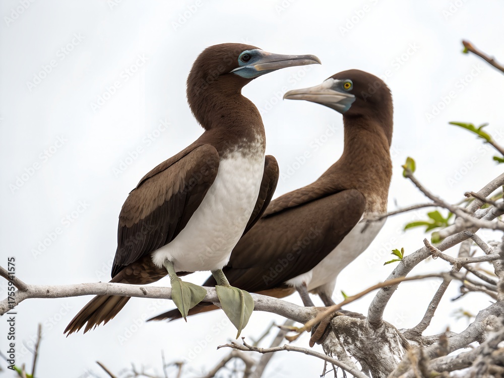 Obraz premium Brown Booby Perched Couple Isolated on White