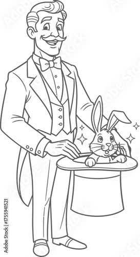 Vintage Magician Performing Magic Trick Pulling Rabbit from Top Hat Outline Drawing