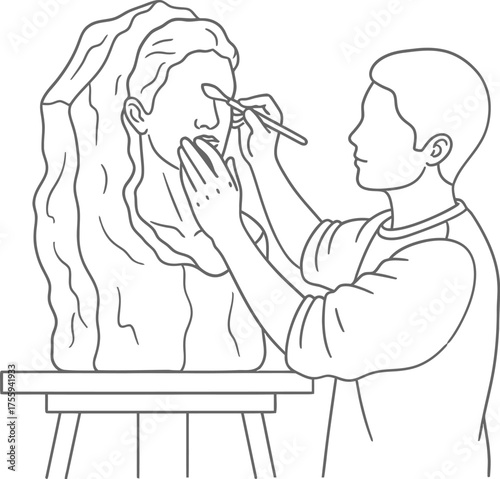Line art illustration of a male artist sculpting a bust of a female figure professional sculptor working on clay statue masterpiece
