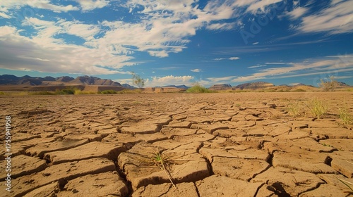 Dry Earth, Scarce Water: The Harsh Reality of Drought. Depicting cracked soil, withered plants, and a parched landscape. It shows the lack of water, the struggle for survival, and the impact on the en