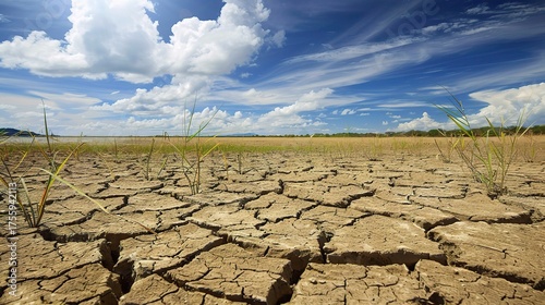 Dry Earth, Scarce Water: The Harsh Reality of Drought. Depicting cracked soil, withered plants, and a parched landscape. It shows the lack of water, the struggle for survival, and the impact on the en