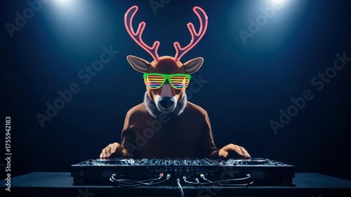 Energetic dj in reindeer costume mixing tracks at a dynamic night event. 4k Video footage