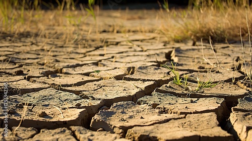 Dry Earth, Scarce Water: The Harsh Reality of Drought. Depicting cracked soil, withered plants, and a parched landscape. It shows the lack of water, the struggle for survival, and the impact on the en