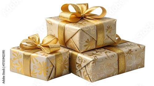 Stack of Three Wrapped Gifts with Golden Ribbons, Isolated PNG