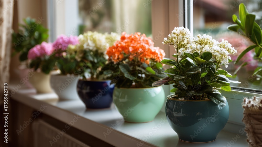 Obraz premium Glossy ceramic windowsill pots arranged in a row with indoor flowers blooming