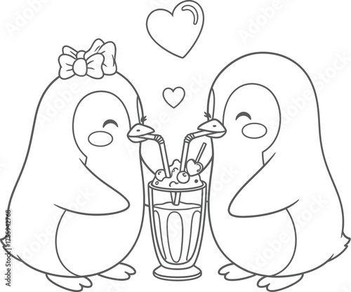 Cute cartoon penguin couple sharing a milkshake line art for coloring book Valentines Day vector illustration