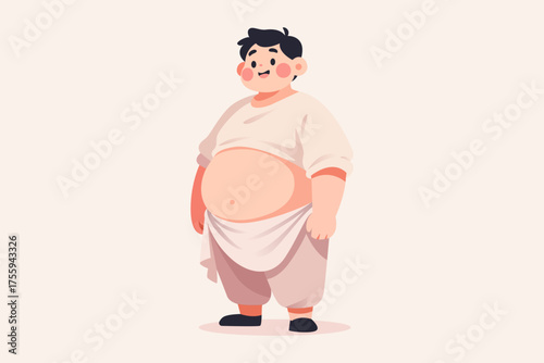 Cartoon illustration of a chubby man with a large belly, wearing loose clothing, standing against a light background.