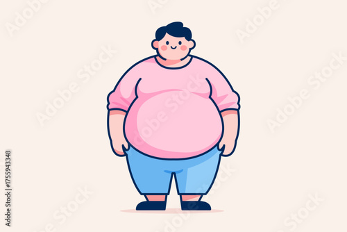 Cartoon illustration of an overweight man standing, wearing a pink shirt and blue shorts.