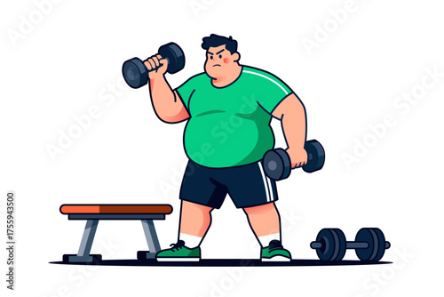 Overweight man in green shirt lifting dumbbells, working out near a bench.