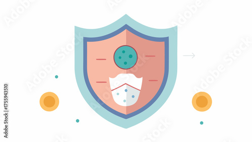 AntiAging Shield A shield protecting skin cells from aging signs with exosomes and retinol illustrated as layers on the shield symbolizing their defense against environmental
