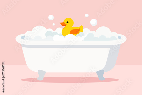 Cartoon illustration of a white bathtub filled with bubbles and a yellow rubber duck.