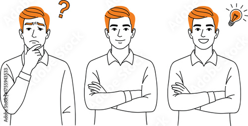 Three men in a row showing stages of thought process from confusion to idea