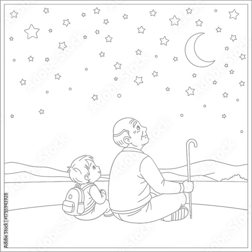 Coloring page of grandfather and grandson admiring the starry night sky and crescent moon, intergenerational connection vector line art