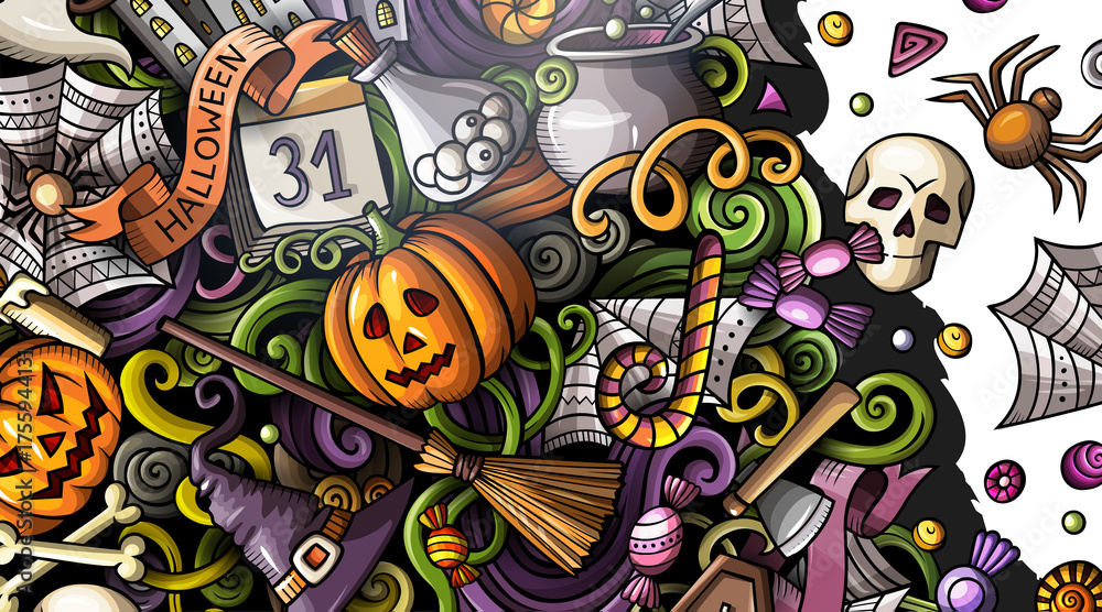 Naklejka premium Happy Halloween cartoon horizontal banner design
