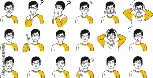 Diverse emotional states of a young man in glasses. A concept illustration set depicting various human feelings and reactions