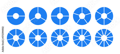 Divided blue rounded diagrams with two, three, four, five, six, seven, eight, nine, ten, eleven segments. Set of infographic wheel division on from 2 to 11 equal parts. Coaching circle blank template.