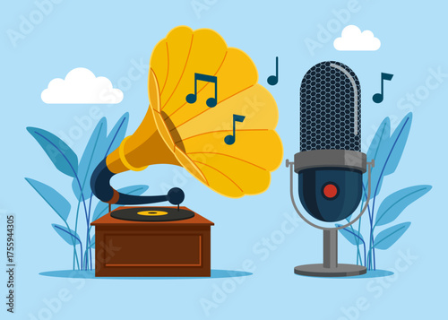 Gramophone and studio microphone. Listens to classical music. Enjoys audio records on vintage LP. Vector flat illustration
