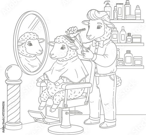 Barbershop scene coloring page outline with anthropomorphic sheep hairstylist and customer