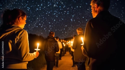 Nighttime candlelit gathering under starry sky: a peaceful procession in motion. 4k Video footage