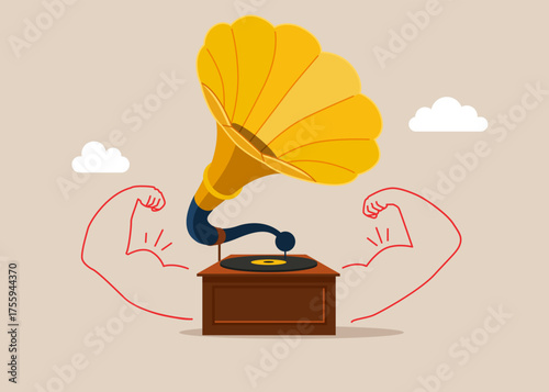 Gramophone doing strong gesture. High esteem. Enjoys audio records on vintage LP. Modern vector illustration in flat style 