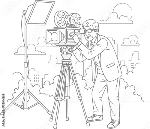 Vintage Cameraman Filming City Scene with Professional Movie Camera and Light Setup Outline Vector Illustration