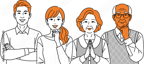 Diverse multi-generational group of individuals showcasing family unity, community connection, and different life stages together in a friendly illustration on a white background