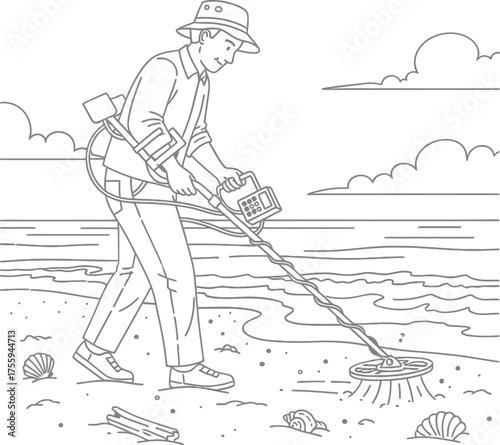 Man metal detecting on the beach searching for treasure vector line art illustration