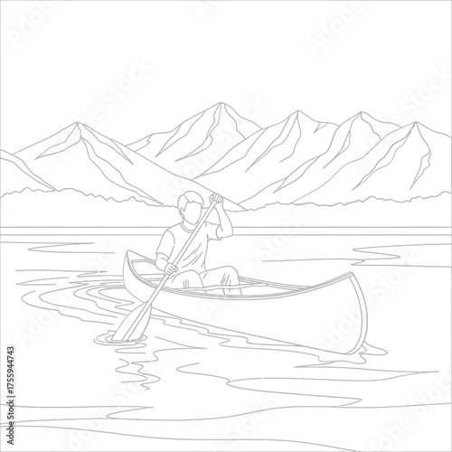 Canoe Paddler on Lake with Mountains Line Art Drawing Outline Illustration