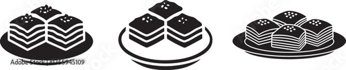 Baklava Pastry Dessert Icons on Plates | Black and White Vector Illustration.