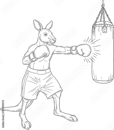 Kangaroo Boxer Punching Heavy Bag Retro Line Art Drawing