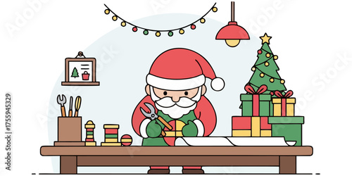 Santa Claus diligently crafting presents at his workshop desk surrounded by Christmas gifts and a festive tree, ready for holiday magic
