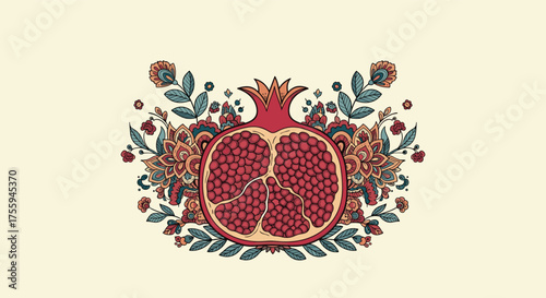 A visually striking and ornate illustration of a pomegranate fruit adorned with intricate floral and paisley-like patterns creating a symmetrical design.