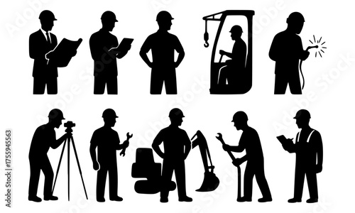 Set of Silhouette Construction Workers with Different Professions and Poses