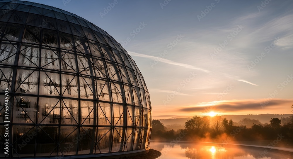 Obraz premium Sunrise over the botanical garden with glass dome and water reflection, creating a peaceful atmosphere