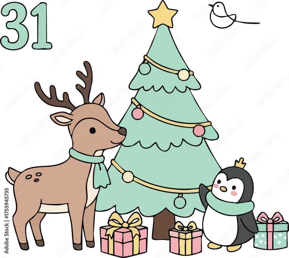 Naklejka premium Festive Christmas Scene with Reindeer Penguin Tree and Gifts.