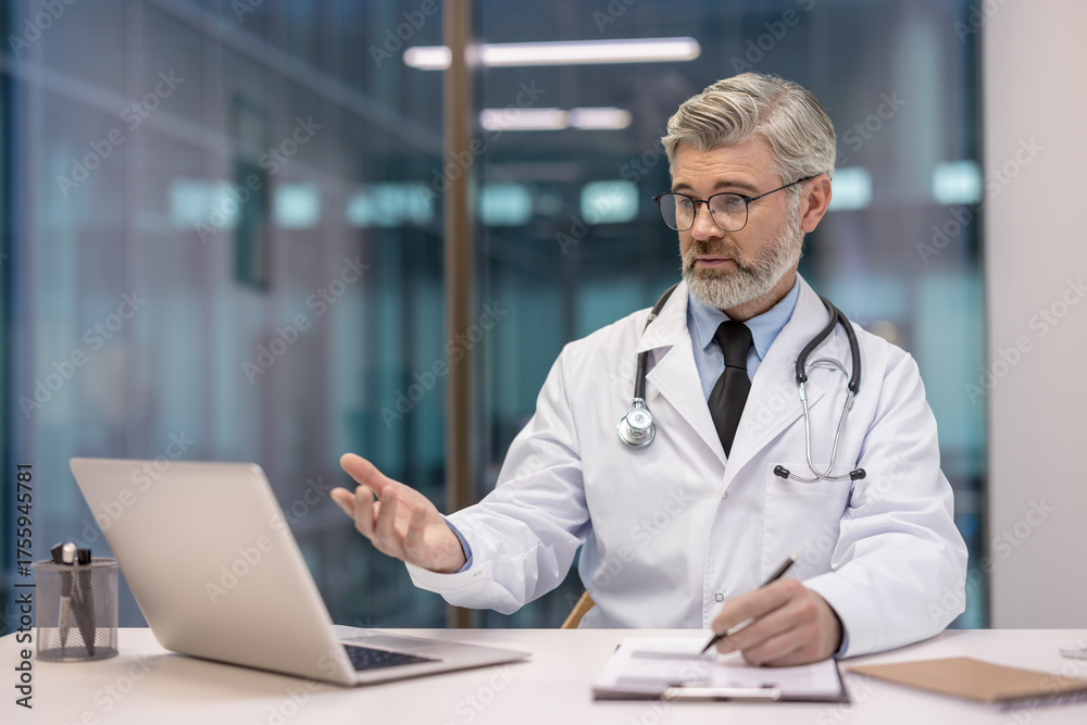 Obraz premium Experienced doctor in a white coat and stethoscope providing an online medical consultation, communicating and gesturing during a telemedicine video call from a modern office using a laptop