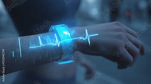 Wearable fitness tracker showing heart rate data on wrist of jogger, futuristic health tech