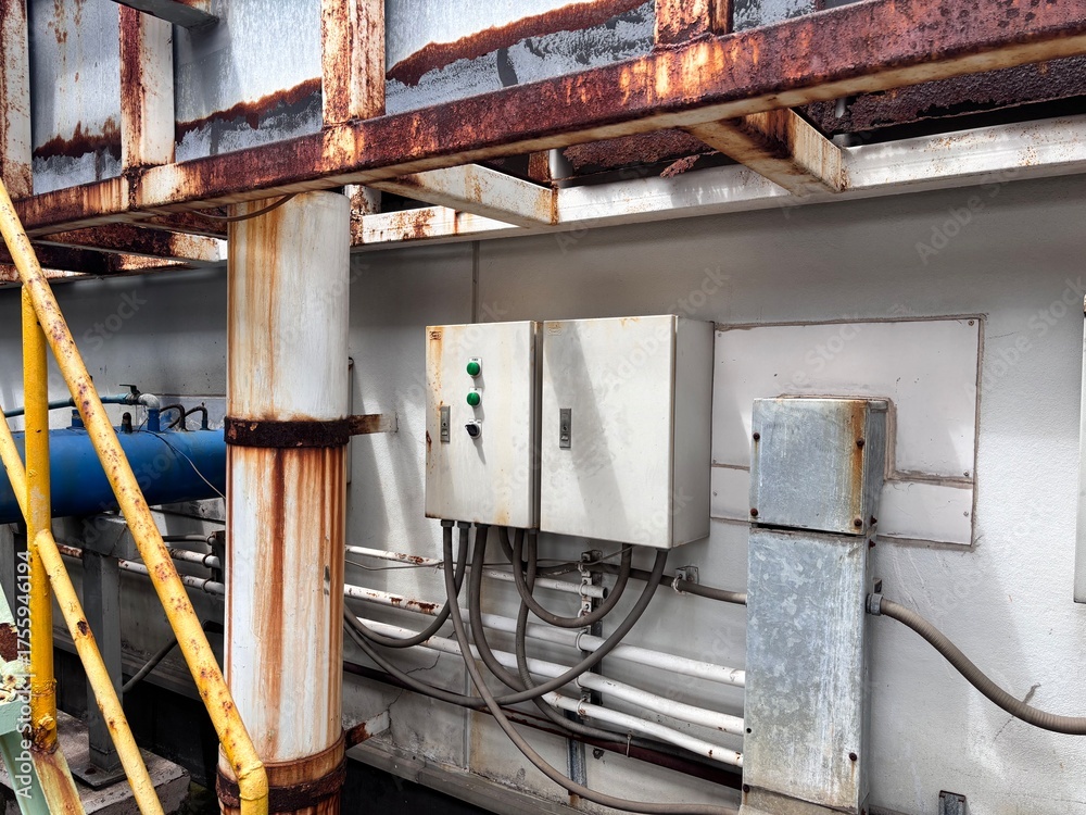 Fototapeta premium Industrial electrical junction boxes and control panels mounted on a wall, positioned beneath a heavily rusted metal beam. The scene features exposed wiring, a chemical dosing pump, and a white water 