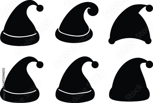 6 different solid black santa claus hat vector set silhouette vector illustration