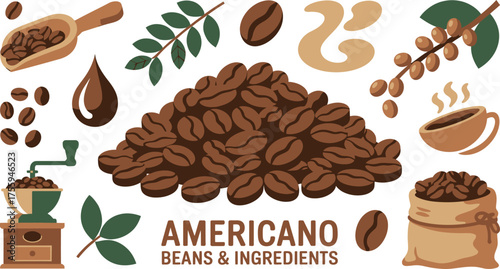 Americano Coffee Beans and Ingredients Illustration Vintage Grinder, Scoop, Bag, Cup, and Plant Elements