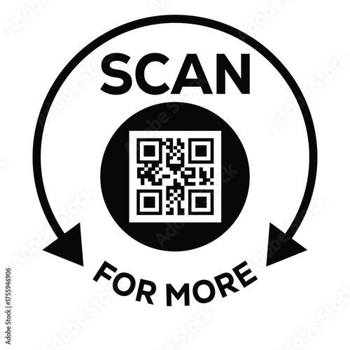 Black and white vector icon featuring a QR code inside a stylized frame, enclosed by a circular arrow and the text "SCAN FOR MORE." This graphic symbolizes digital access, linking, or quick informatio