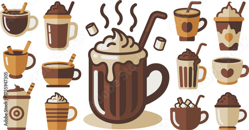 Assorted Illustration of Hot Chocolate and Coffee Drinks in Mugs and Cups on a White Background