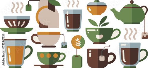 Assorted Tea Collection Teapots, Mugs, and Cups in Earthy Tones, Perfect for Tea Time