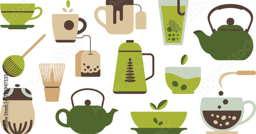 Assorted Tea Time Graphics Teapots, Cups, Bowls, Utensils, and Tea Bags