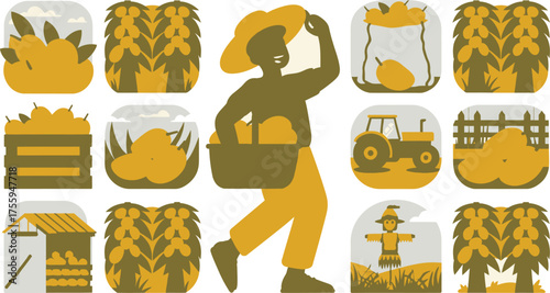 Cartoon Farmer Harvesting Fruits, Farm Icons Orchard, Harvest, Tractor, Scarecrow, and Farmhouse Illustration