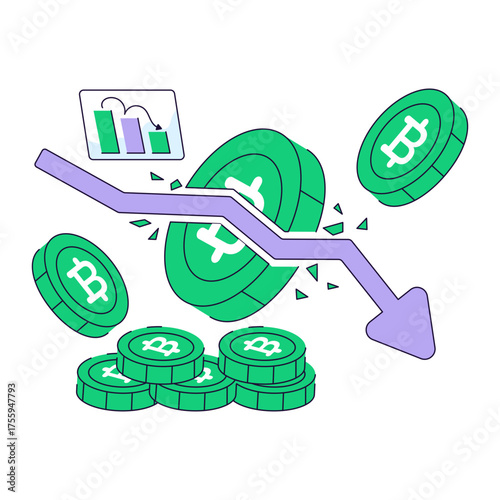 Downward arrows with btc symbolizing concept of bitcoin loss