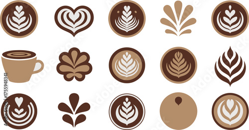 Coffee Art Designs Assorted Latte Art Icons and Espresso Cup Illustration